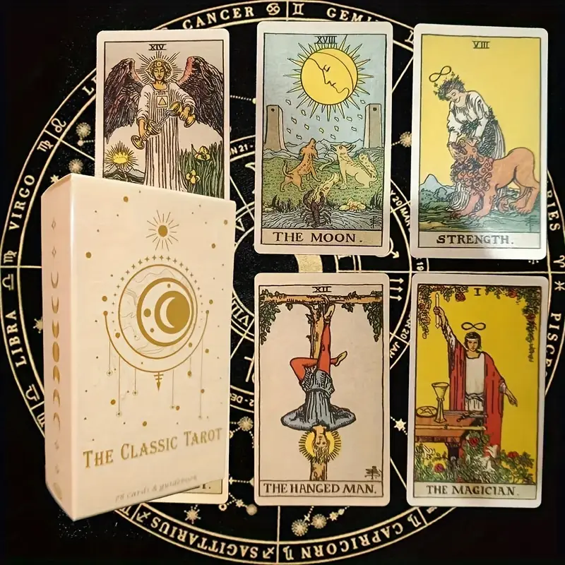 Klassiske tarotkort med engelske kortnavne og opbevaringsæske.